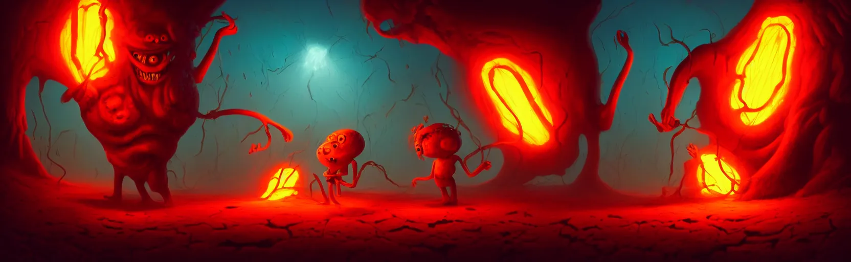 Image similar to wild whimsical fiery mutants from the depths of a wasteland deep in the imaginal realm, dramatic lighting, surreal fleischer cartoon characters, shallow dof, surreal painting by ronny khalil