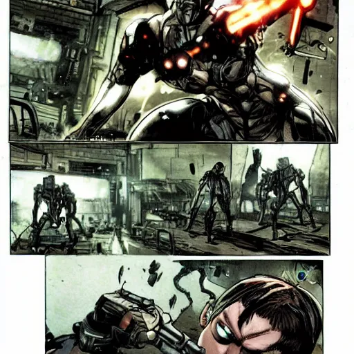Image similar to cyborg from metal gear rising : revengeance, vintage comic, grimdark