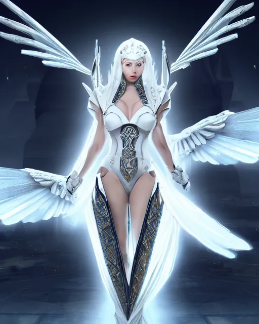 Prompt: perfect white haired egyptian goddess wearing white dove wings, warframe armor, regal, attractive, ornate, sultry, beautiful, charlize theron, half asian, pretty face, blue eyes, detailed, scifi platform, 4 k, ultra realistic, epic lighting, cinematic, masterpiece, art by akihito tsukushi, voidstar, trending on artstation