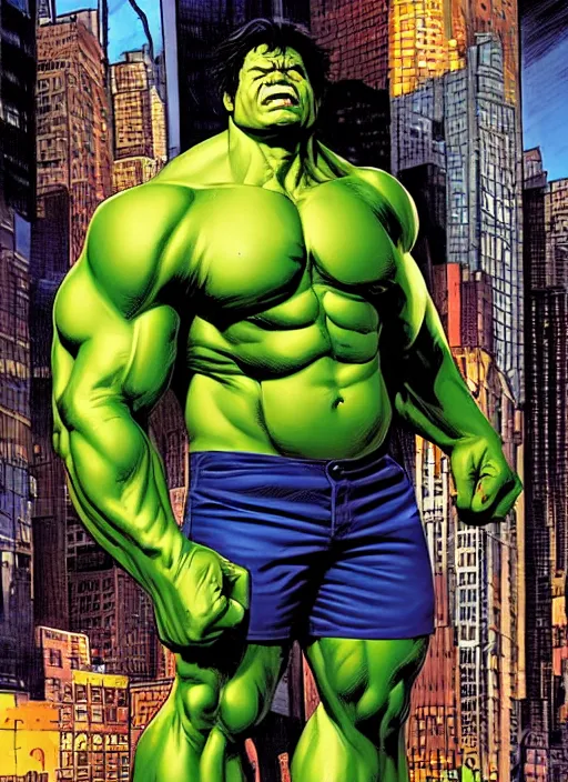 Image similar to a portrait of the incredible hulk looking angry in new york city by joe jusko, simone bianchi and alex ross dramatic lighting.