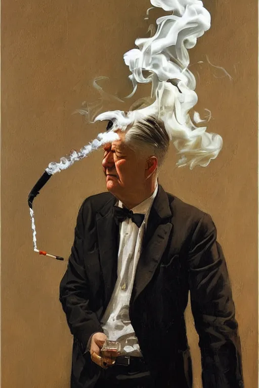 Image similar to david lynch smoking cigarette, billowing smoke, painting by jc leyendecker!! phil hale!, angular, brush strokes, painterly, vintage, crisp