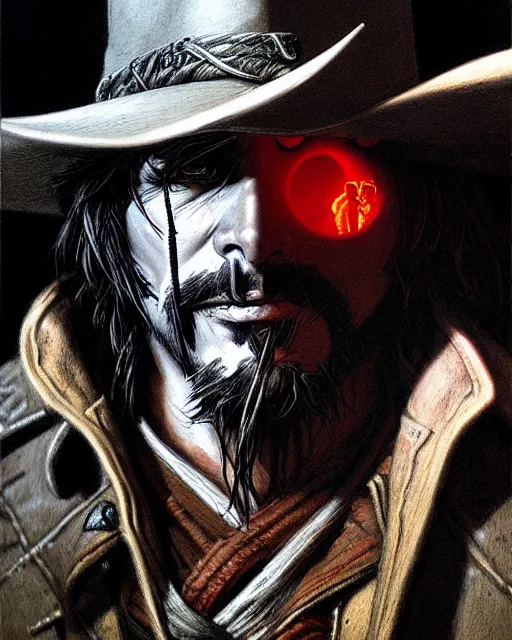 Image similar to mccree from overwatch, character portrait, portrait, close up, concept art, intricate details, highly detailed, horror poster, horror, vintage horror art, realistic, terrifying, in the style of michael whelan, beksinski, and gustave dore