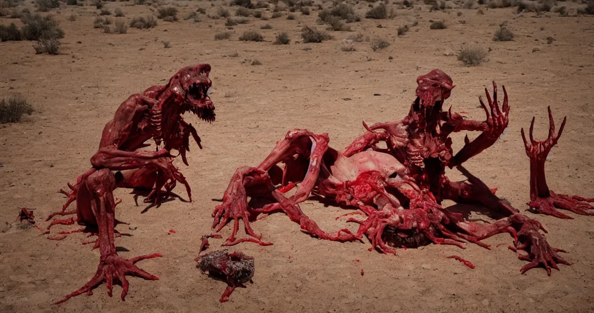 Prompt: in the desert a bloody gross horrifying The Thing creature made of muscle and bone and blood stares at the camera, eating, mid day, 35mm photography, realistic,