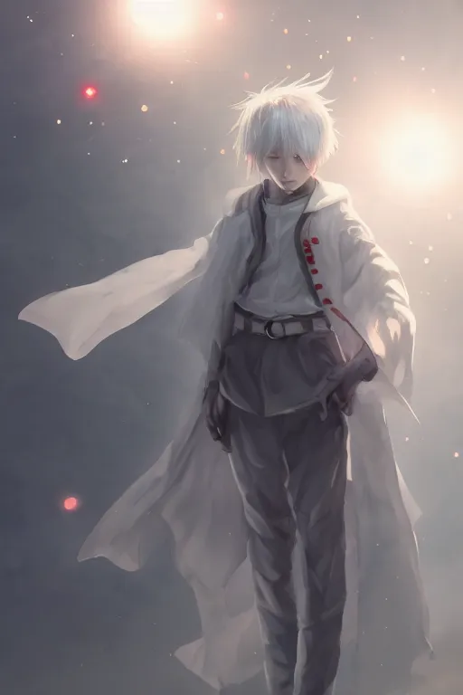 Image similar to anime young boy with short wavy white hair wearing white clothes with short cape surrounded by light orbs, moody, wlop, concept art, digital painting, trending on artstation, highly detailed, epic composition, 8 k uhd