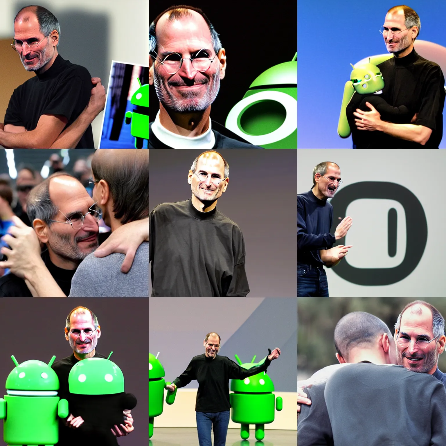 Prompt: photo of steve jobs hugging the android logo