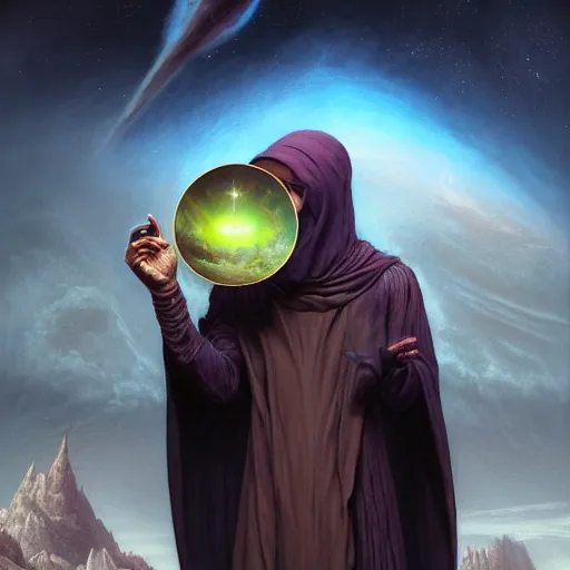 Image similar to masked nomad wearing a cloak on an alien world and holding a holographic planet projection in his hand, detailed, sci - fi, digital painting, artstation, sharp focus, illustration, ominous, artgerm, tomasz alen kopera, peter mohrbacher, donato giancola, joseph christian leyendecker, wlop, frank frazetta