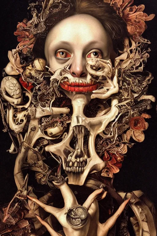 Image similar to Detailed maximalist portrait with large lips and with large, wide eyes, sad expression, extra bones, flesh, HD mixed media, 3D collage, highly detailed and intricate, surreal, illustration in the style of Caravaggio, dark art, baroque