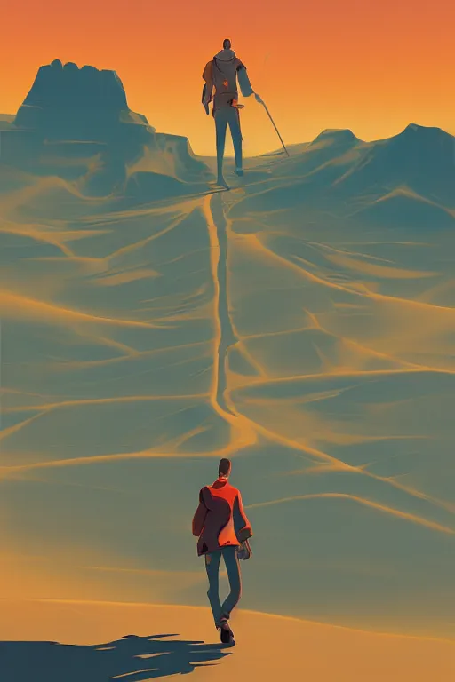 Prompt: painting of a man walking across a desert, poster art by james gilleard, cgsociety, fantasy art, poster art, concept art, angular