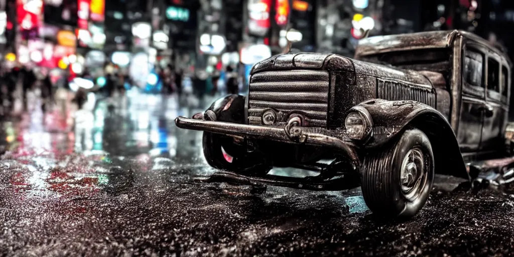 Prompt: close up macro shot of a ford t car on wet tokyo street at night, intricate, hyper detailed, smooth, dramatic lighting, cinematic