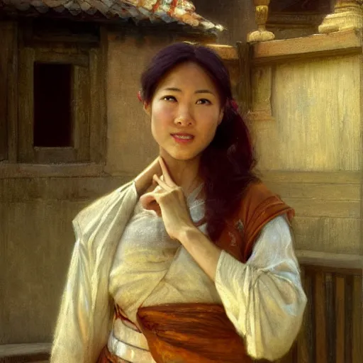 Image similar to a medieval carpenter, asian female, athletic, relaxing after work, candid, fantasy character portrait by gaston bussiere, craig mullins