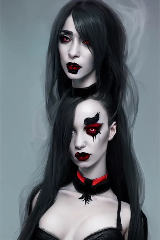 Image similar to Portrait of seductive female necromancer, D&D, revealing stylish dress, red eyes, black lipstick, choker on neck, long black hair, mouth slightly open, slight nerdy smile, fantasy, intricate, elegant, highly detailed, digital painting, artstation, concept art, smooth, sharp focus, illustration, art by artgerm and greg rutkowski and alphonse mucha