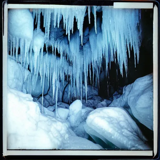 Prompt: a dark glacier cave wit a low ceiling, icicles, deep, dark, creepy, eerie, unsettling, terrifying, old polaroid, expired film, deep,