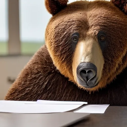 Prompt: tired bear on zoom call in office, piles of paperwork