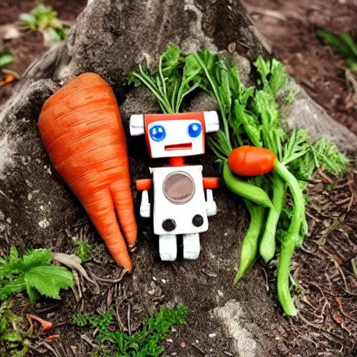 Image similar to cute little robot made of vegetables, tomato head and a carrot sword, made in abyss style standing on a forest