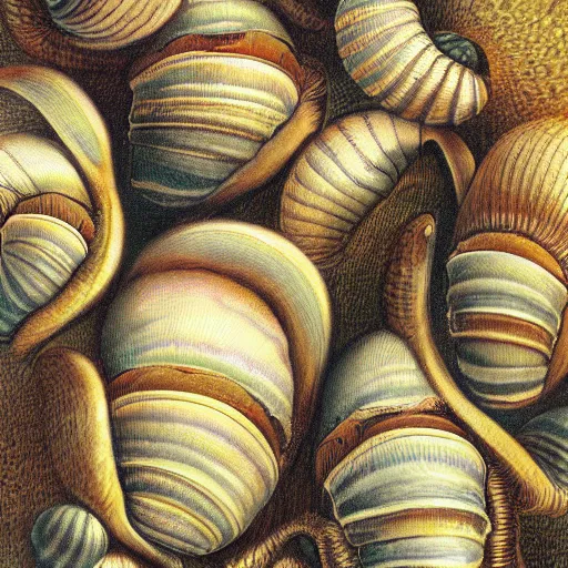 Prompt: snails in their shell by Hamid Savkuev, close-up, botanical illustration