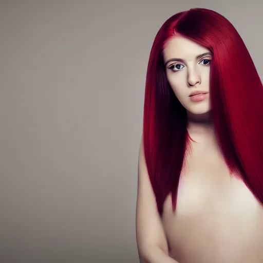 Image similar to Portrait of a young, stunningly beautiful woman with red straight hair on the right half of her head and white straight hair on the left half of her head, award-winning photo, 4k, 8k, studio lighting, Nikon D6, 35mm