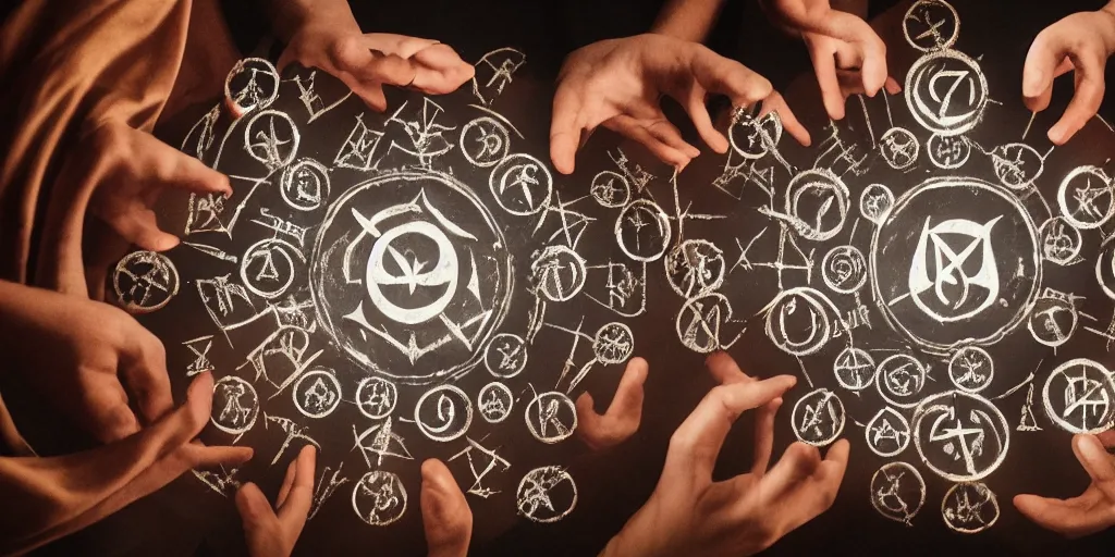 Image similar to group of mages in a circle, wearing hoods, casting a spell, runes surrounding the center, mysterious