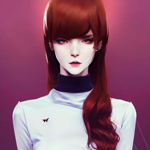 Image similar to beautiful pale vampire with auburn hair in a white turtleneck dress, on a super yacht, by guweiz and wlop and ilya kuvshinov and and moebius and bilal and artgerm, symmetrical eyes, aesthetic, gorgeous, stunning, alluring, attractive, artstation, deviantart, pinterest, digital art