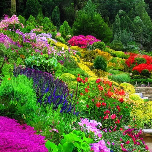 Image similar to a gorgeous garden on the edge of a cliff filled with beautiful flowers of all colors and from all around the world