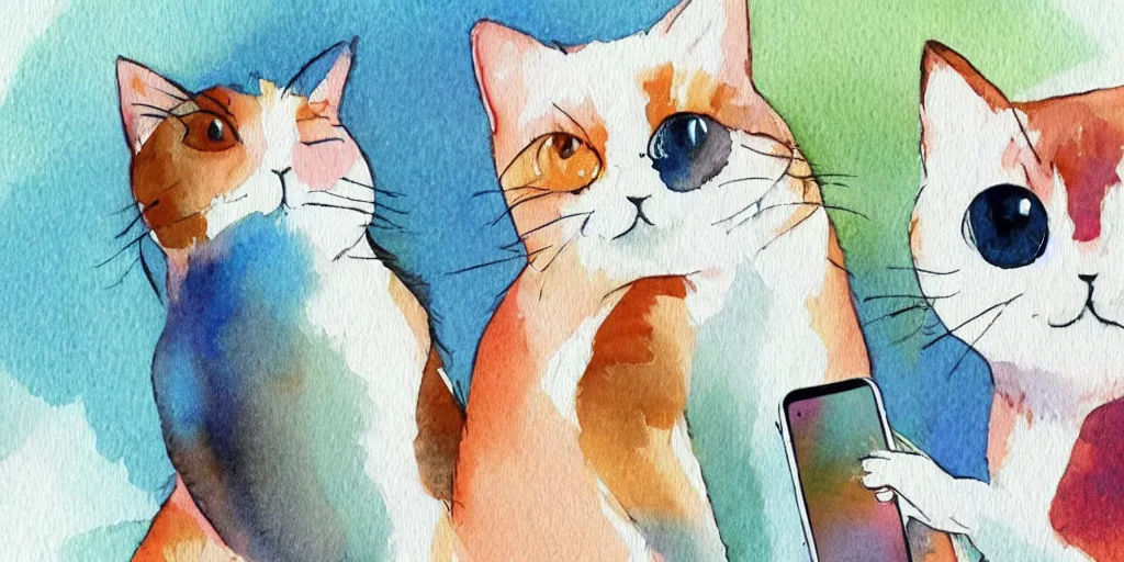 Image similar to watercolor illustration style, cute cats use mobile phone