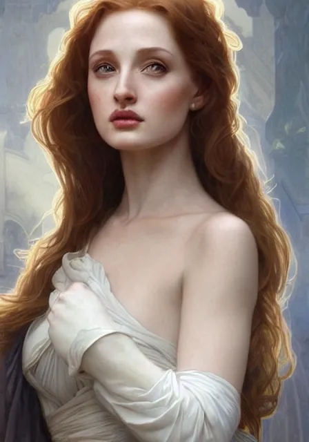 Prompt: sansa angeline jolie gessica chastain white skin, intricate, elegant, highly detailed, digital painting, artstation, concept art, smooth, sharp focus, illustration, art by artgerm and greg rutkowski and alphonse mucha and william - adolphe bouguereau