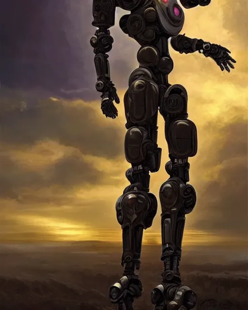 Image similar to a beautiful oil on canvas of a futuristic afrofuturisticb robot soldier, ornate, detailed, intricate, beautiful post - @ pocalyptic landscape in the background, epic sky, vray render, artstation, deviantart, pinterest, sci - fi, afrofuturism, 5 0 0 px models