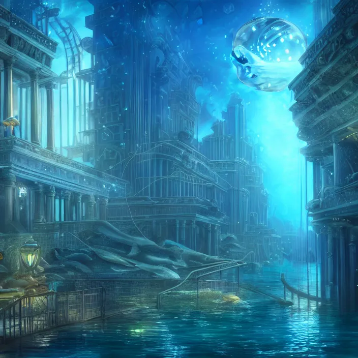 Image similar to hyper realistic, high detail photo of city of atlantis, underwater, lights on buildings, beautiful, dreary lighting, crystal ball