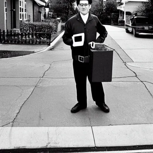 Image similar to a picture of kevin mitnick dressed as a paper boy from the 6 0 s, canon, black and white, high resolution