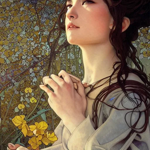 Prompt: lyanna stark zen, minimalist, sunny environment, highly detailed, realistic, up close shot shinji aramaki, karol bak, alphonse mucha