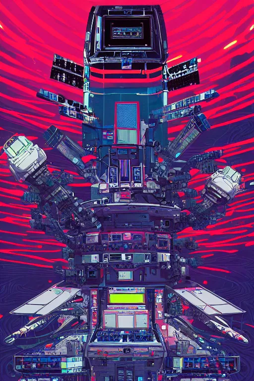 Prompt: drawing of an international space station filled with electronic equipment, japanese gundam mech, robots, led screens, droids, a detailed comic panel by kilian eng, moebius, featured on deviantart, psychedelic art, psychedelic, dmt