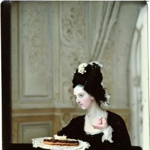 Prompt: a Polaroid of Marie Antoinette eating cake at the Versailles palace in 1792