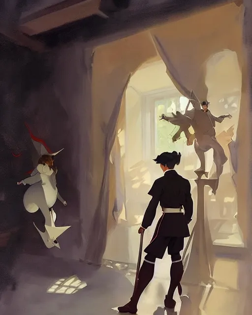 Prompt: magical academy school uniform, jodhpurs greg manchess painting by sargent and leyendecker, studio ghibli, fantasy, medium shot, asymmetrical, intricate, elegant, matte painting, illustration, hearthstone, by greg rutkowski, by greg tocchini, by james gilleard, by joe fenton