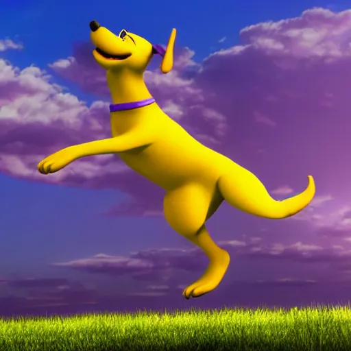 Prompt: a beautiful 3d render of a purple dog dancing, in the style of disney, dramatic clouds in background, the dog is doing a ballet dance, highly detailed, 8k resolution