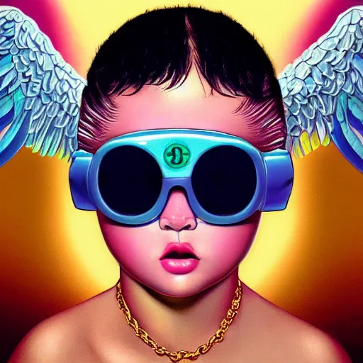 Image similar to Lofi vaporwave portrait baby cherub angel, ski mask, balaclava, face covered, Gucci, Nike, Chanel, multiple gold chains, Pixar style, Tristan Eaton, Stanley Artgerm, Tom Bagshaw