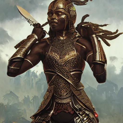 Image similar to a wakandan warrior wearing japanese samurai style armor, ultra realistic, concept art, intricate details, eerie, horror, highly detailed, photorealistic, octane render, 8 k, unreal engine. art by artgerm and greg rutkowski and alphonse mucha