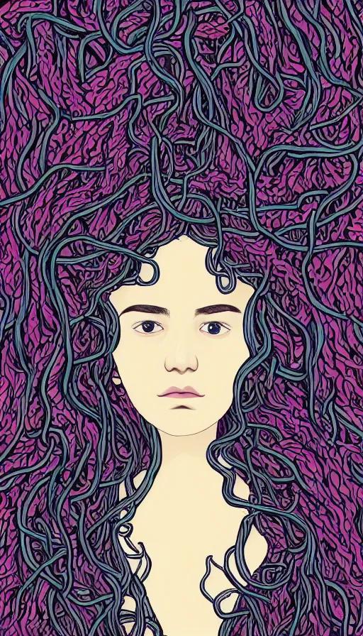 Image similar to very detailed portrait of a 2 0 years old girl surrounded by tentacles, the youg woman visage is blooming from fractal and vines, by kurzgesagt,