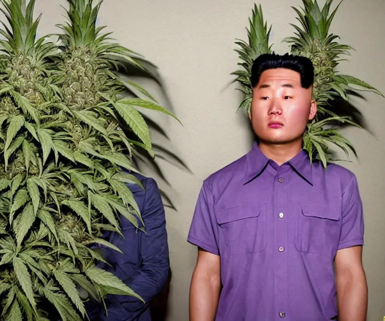 Image similar to hyperralism pineapple express movie still photography of real detailed north korean kim chen with detailed face smoking high detailed weed and reviewing weed bush in detailed basement bedroom ultra violet light