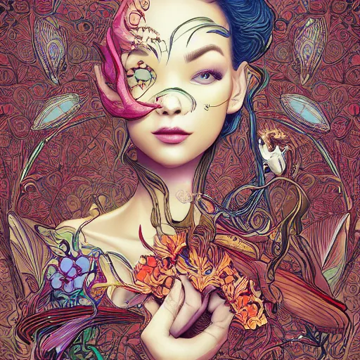 Image similar to the face of an incredibly beautiful, graceful, elegant, and sophisticated young ethnic woman dressed as a bulb of garlic, an ultrafine detailed illustration by james jean, intricate linework, bright colors, final fantasy, behance contest winner, vanitas, angular, altermodern, unreal engine 5 highly rendered, global illumination, radiant light, detailed and intricate environment