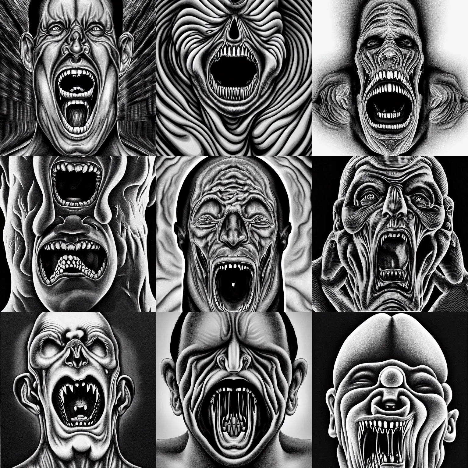 Prompt: black and white outline painting of man screaming with fear another man coming out of his mouth, recursive, fractal, creepy, Giger, Escher, Mandelbrot, perfect face, realistic, hyper detailed