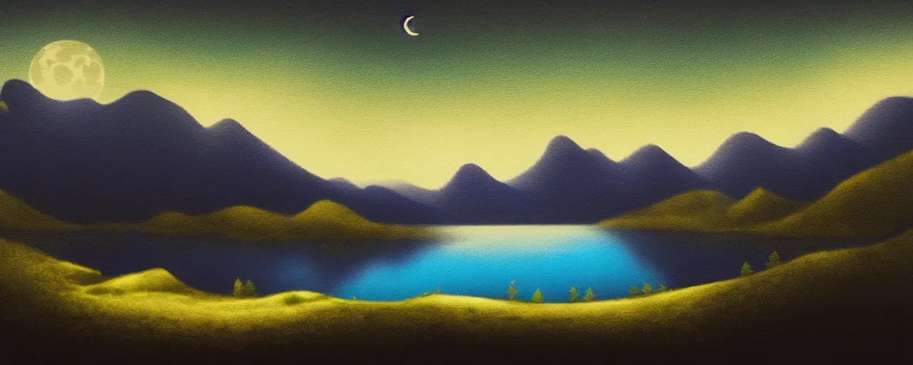 Prompt: a peaceful mountain valley with a lake at night rendered in the style of zana bamarni, crescent moon