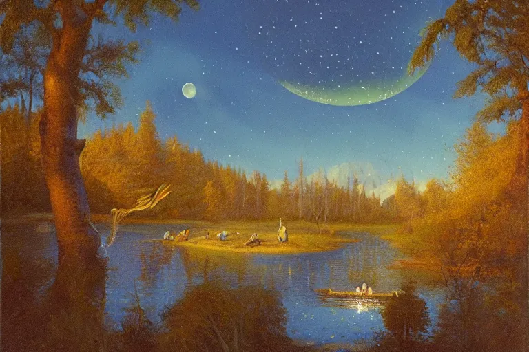 Image similar to fork lake, painted by darrell k. sweet and edd cartier, trending on artstation, moon light fish eye illustrator, bokeh, magic realism, dutch golden age, expressionism