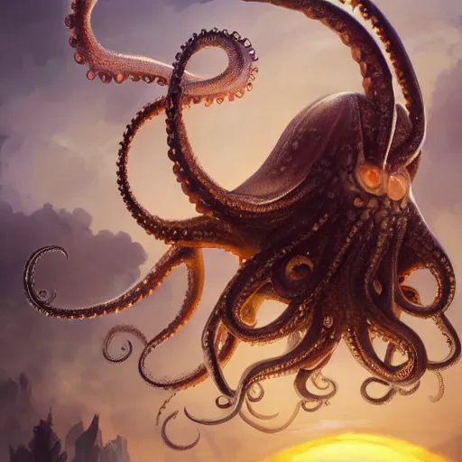 Prompt: angel squid monster with eyes on his tentacles looking at you sunset clouds digital painting, artstation, concept art, soft light, hdri, smooth, sharp focus, illustration, fantasy, intricate, elegant, highly detailed, D&D, matte painting, in the style of Greg Rutkowski and Alphonse Mucha and artemisia, 8k, highly detailed, jurgens, rutkowski, bouguereau, pastoral, rustic, georgic