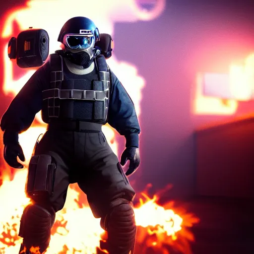 Image similar to Montagne from Rainbow Six Siege standing on a hoverboard with explosions and flames behind him, realistic, HDR, 8k, trending on artstation