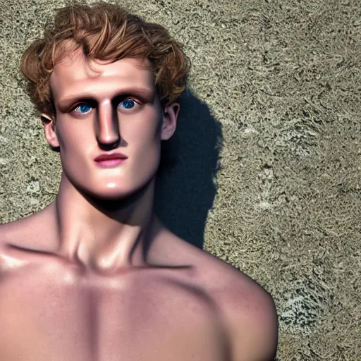 Image similar to a realistic detailed photo of a guy who is an attractive humanoid who is half robot and half humanoid, who is a male android, boxer and youtuber logan paul, shiny skin, posing like a statue, blank stare, by the pool, on display