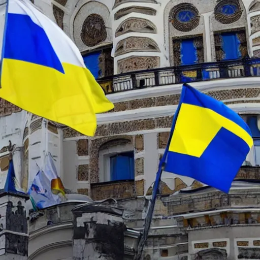 Prompt: A photo of Kremlin captured by Ukrainians with Ukrainian flags on top