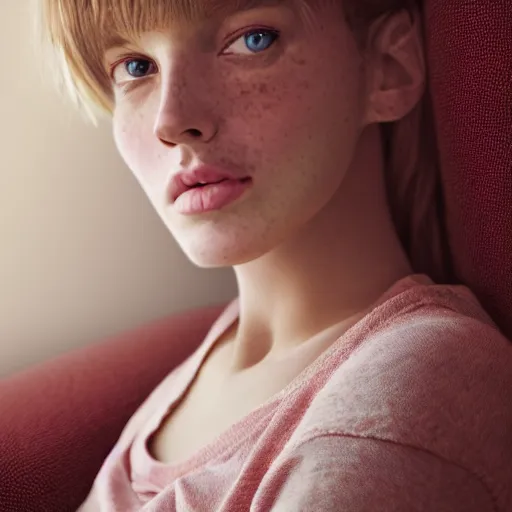 Prompt: portrait of a cute thin young woman, red blush, cute freckles wearing casual clothes, small smile, relaxing on a couch, cozy living room, close up shot, 8 k, art by irakli nadar, hyperrealism, hyperdetailed, ultra realistic