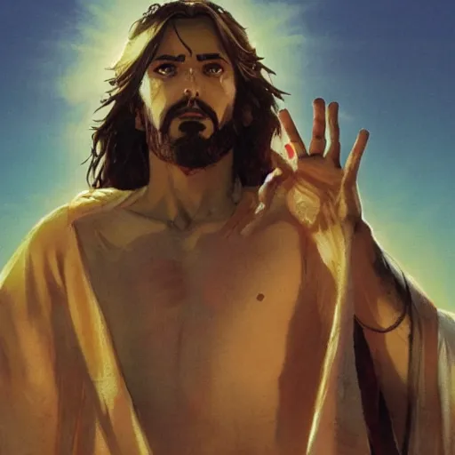 Prompt: jesus in a jojo dramatic pose, illustration by hirohiko araki and greg rutkowski