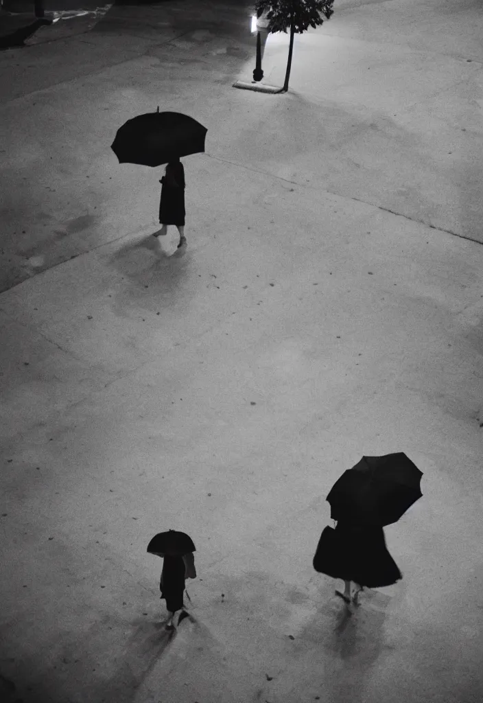 Image similar to “ quiet american neighborhood at night, a woman waiting with a black umbrella, photography in the style of gregory crewdson, mist, rule of thirds ”