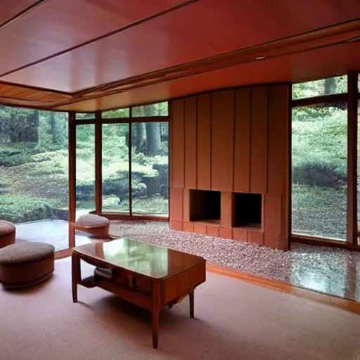 Prompt: mid century living room sunken into the ground, fireplace, big windows, frank lloyd wright