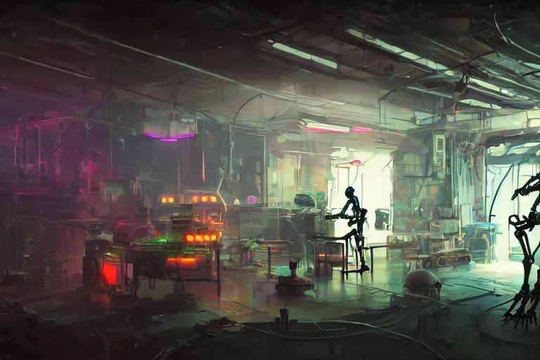 Prompt: interior shot, scifi robot repair workshop, robot skeleton, neon lights, neon lights, neon lights, neon lights, cinematic lighting, Craig Mullins, Greg Rutkowski, volumetric light, artstation, octane render, low angle camera